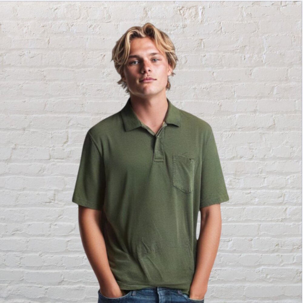 Polo Shirt, Large Man, Solid Olive Green, Breast Pocket, Button Down